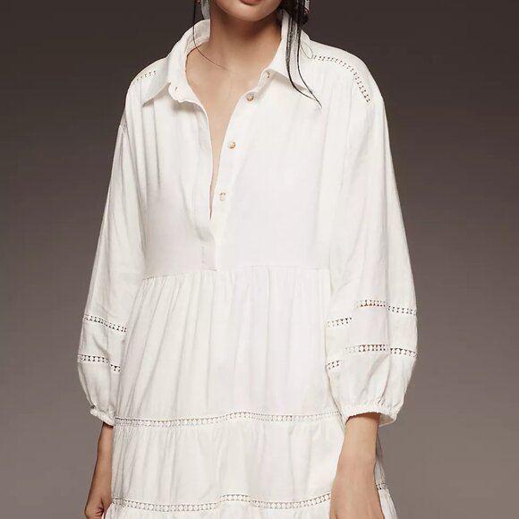NWT The Bettina Linen Blend Tiered Mini Shirt Dress by Maeve Size S Ivory - Picture 2 of 6